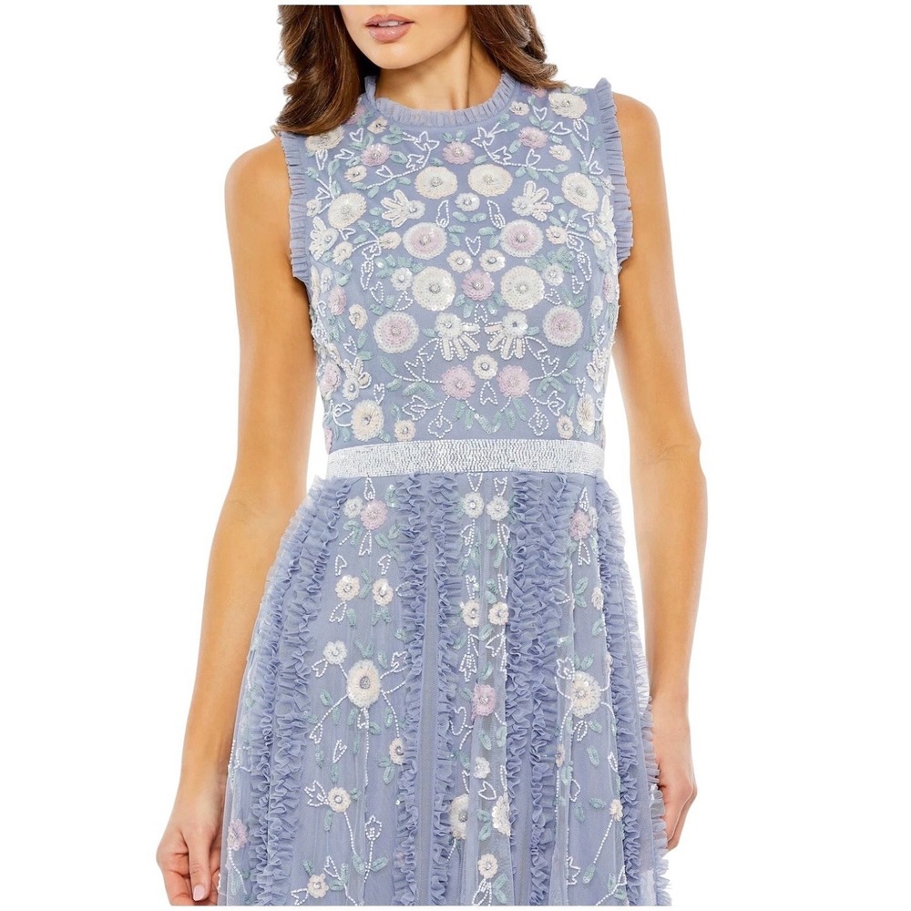 Mac Duggal 9137 Slate Blue Embroidered Floral Tiered Ruffle‎ Gown Size 14 $698 - Picture 2 of 8